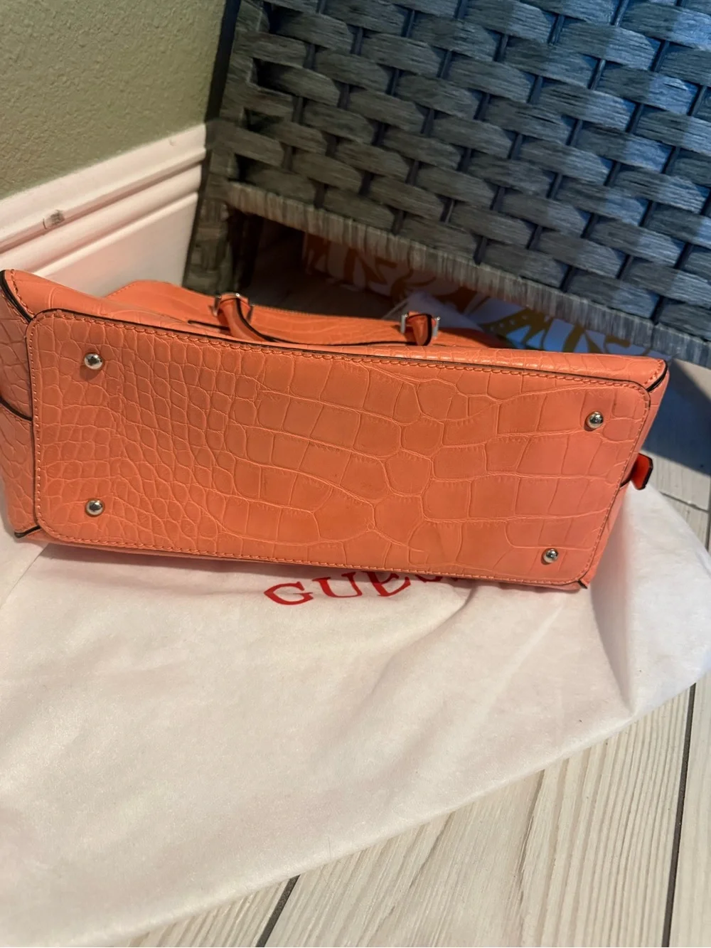 GUESS Coral Croc-Embossed Satchel with Padlock Accent